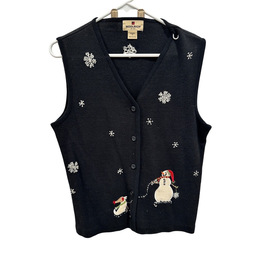 Woolrich Womens Vest Medium Black Holiday Snowman Knit Sleeveless‎ Sweater
